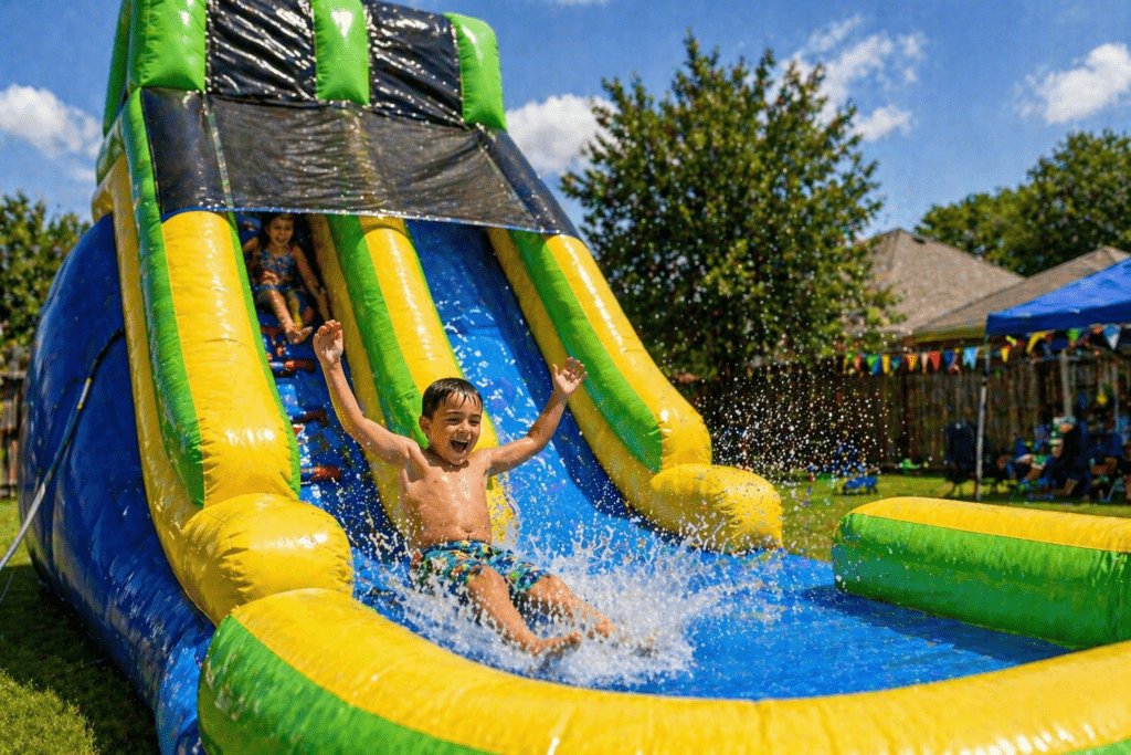 Kids playing on an inflatable water slide at a party