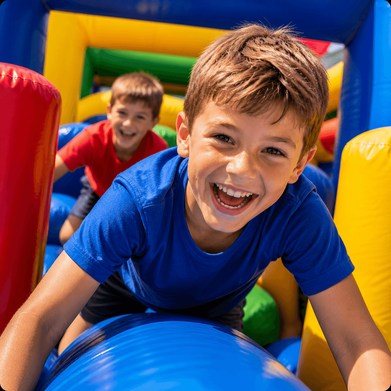 Children competing in an inflatable obstacle course at a party