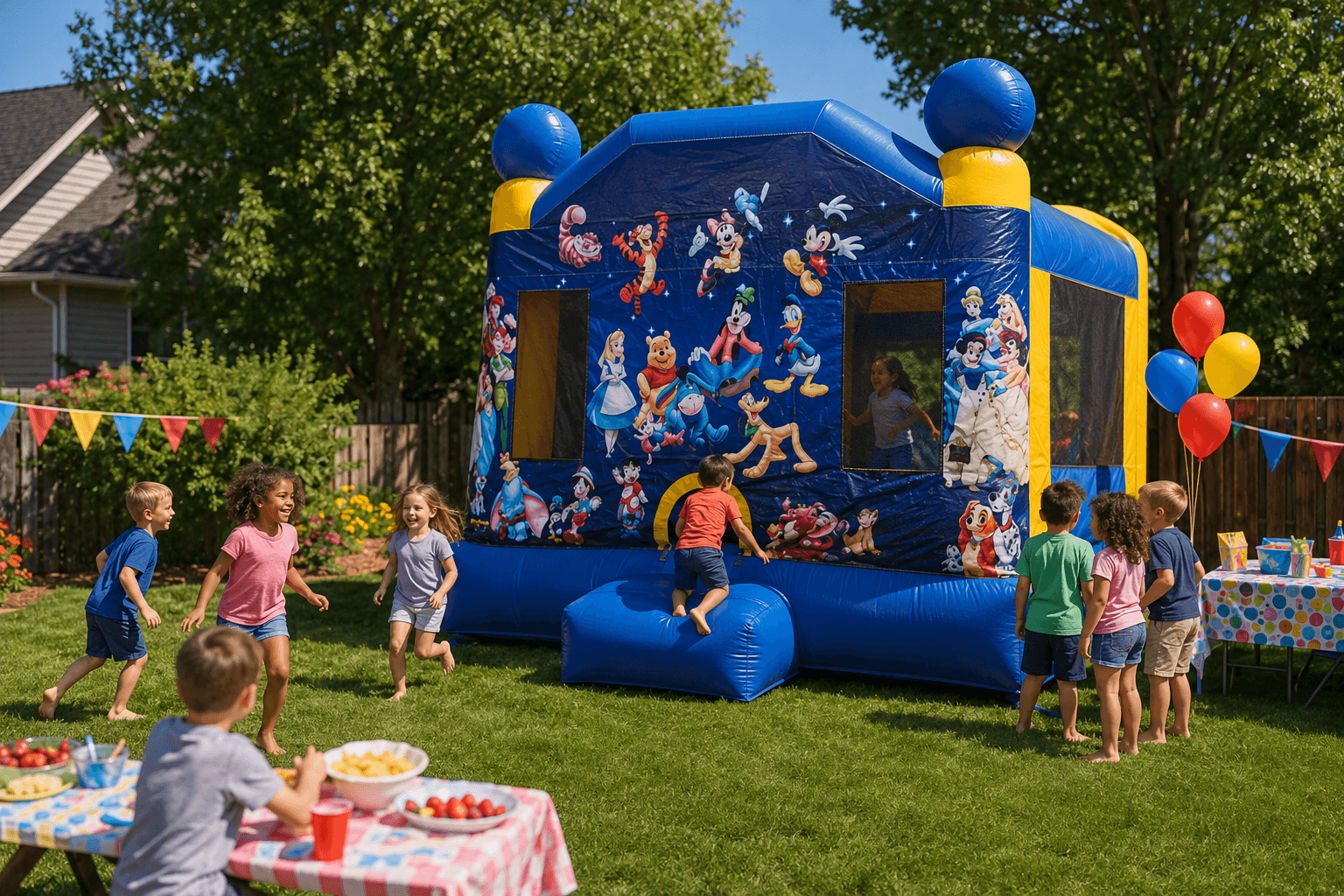 Backyard party setup with multiple entertainment stations