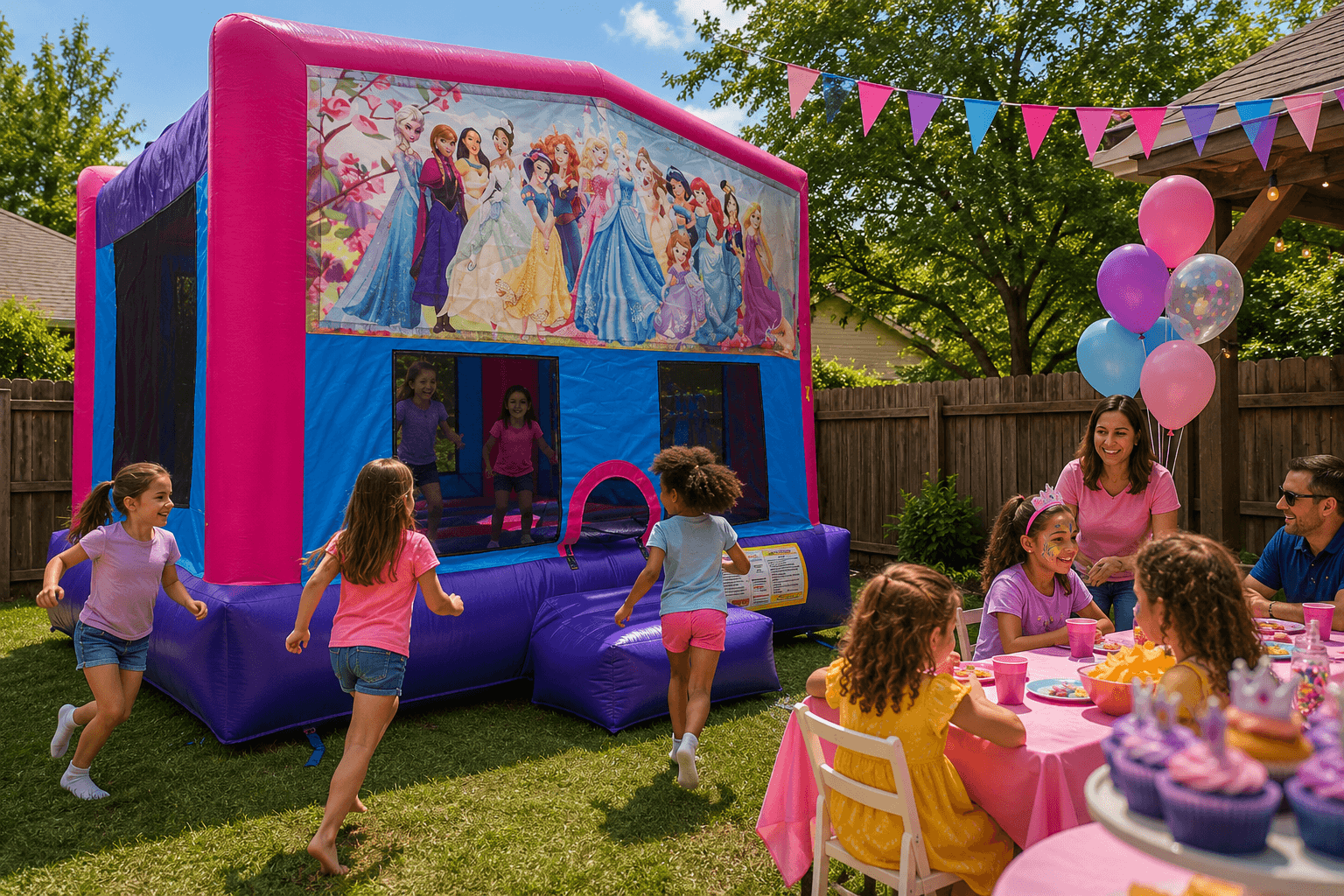 Kids enjoying a themed bounce house at a backyard party