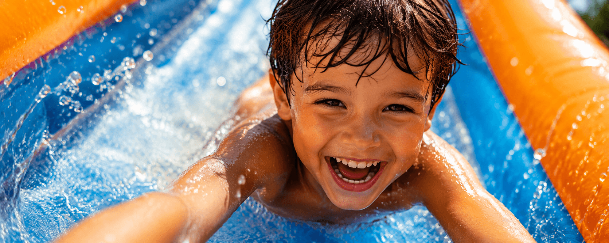 Kids cooling off on a water slide during a summer party